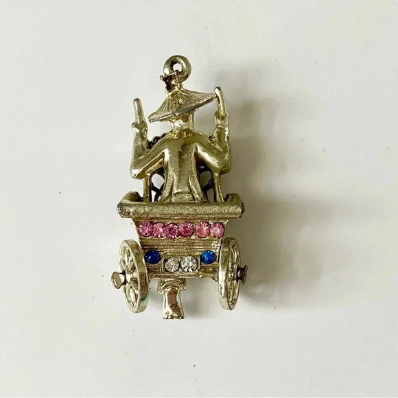 Vintage Asian Rickshaw Wheel Cart Man Gold Tone Rhinestone Pendant for Necklace - Picture 4 of 6